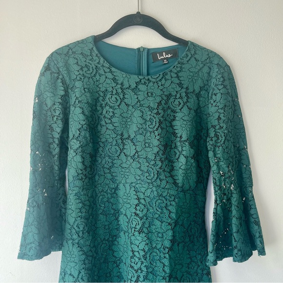 Lulus Dark Green Lace Dress Bell Sleeves - Picture 2 of 8
